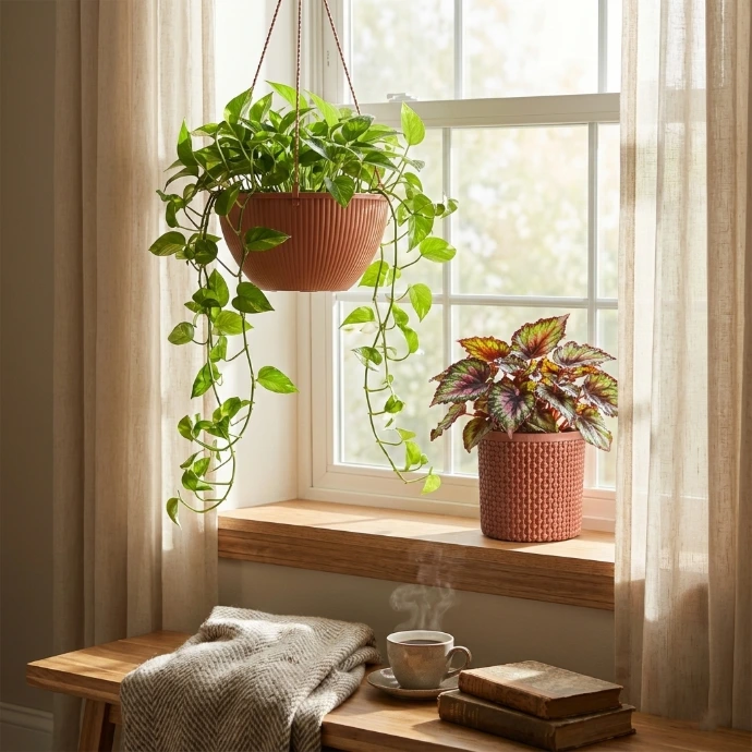 Decoración de interiores con macetas colgantes y plantas naturales en ambiente iluminado.