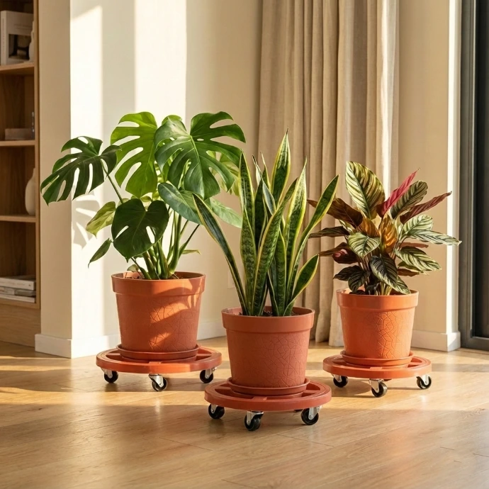 Macetas de terracota sobre bases de madera de diseño escandinavo para decoración de hogar.