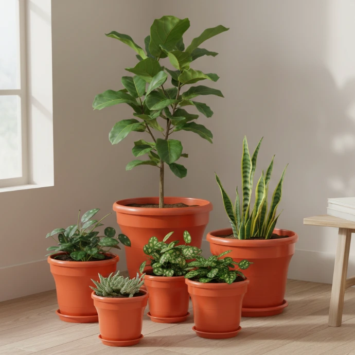 Set de macetas plásticas decorativas con diseño minimalista para interiores y exteriores.